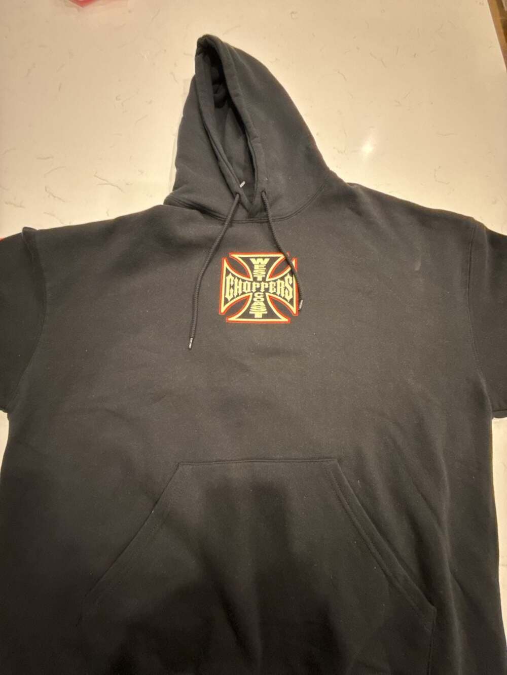 West Coast Choppers Black Hoodie With Cross Logo And Flame Sleeves Size XL